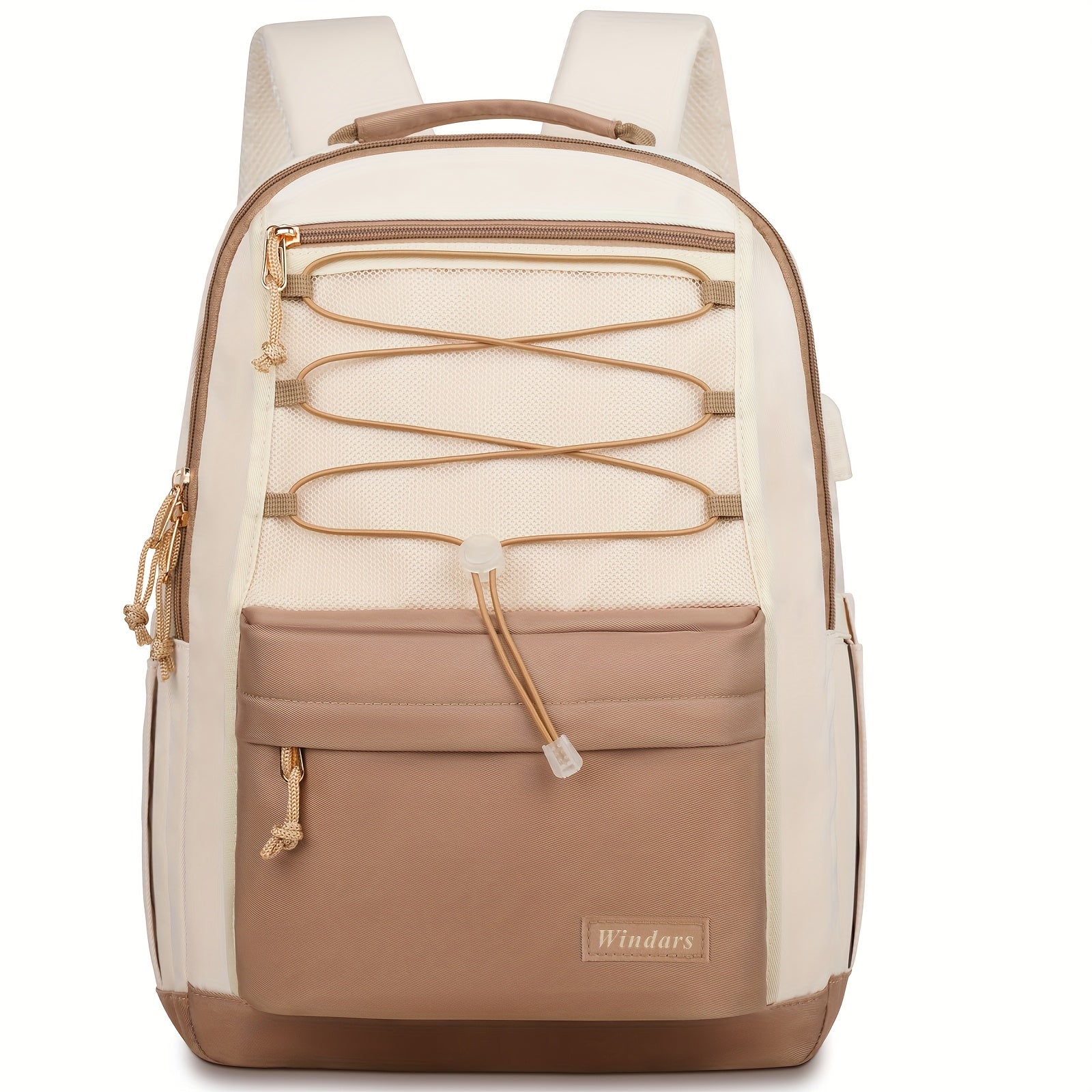 Stylish Large Capacity School Backpack for Teens Girls & Women Students - 15.6 Inch Laptop Bag with USB Charging Port, Durable Polyester College Bookbag, Khaki/Beige Travel Backpack for Work & Daily Commute, Backpack for Scho
